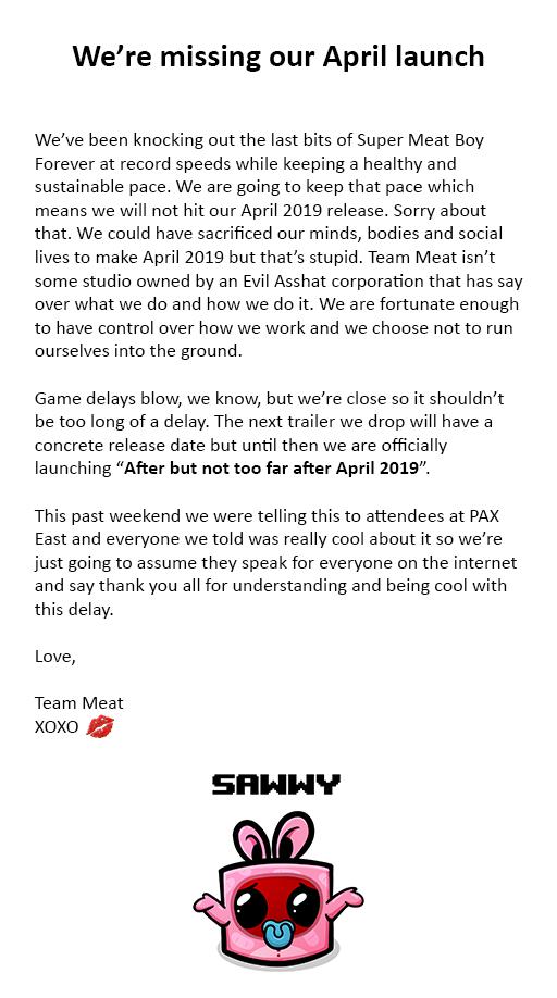 Super Meat Boy Forever uitgesteld
